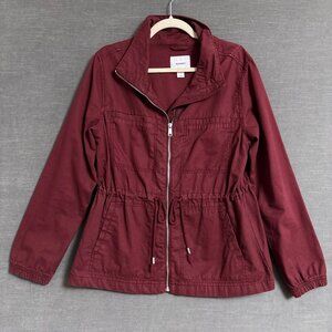Old Navy Jacket L Burgundy Full Zip Drawstring Utility Coat Fall Layering Casual